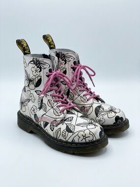Dr. Martens White Floral Lace-Up Boots with Pink Laces